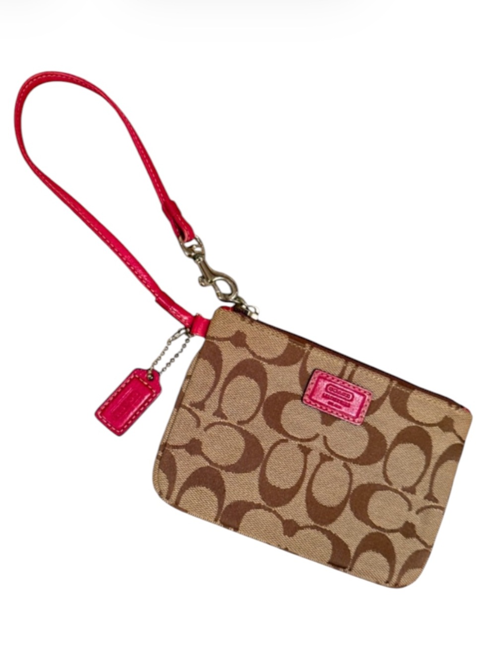 COACH VTG Signature Coach Monogram Tan Pink Leather Strap Wristlet Bag⭐️⭐️⭐️⭐️⭐️